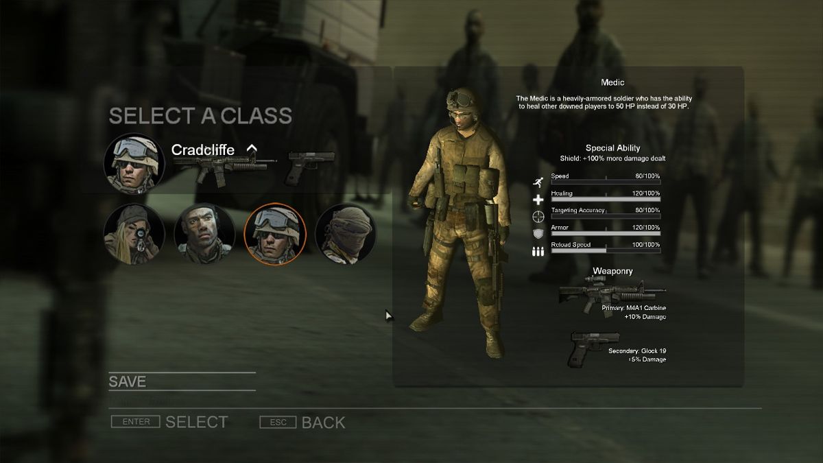 Nation Red (Windows) screenshot: You have four classes to choose from, each with their own stats and preferred weapons.