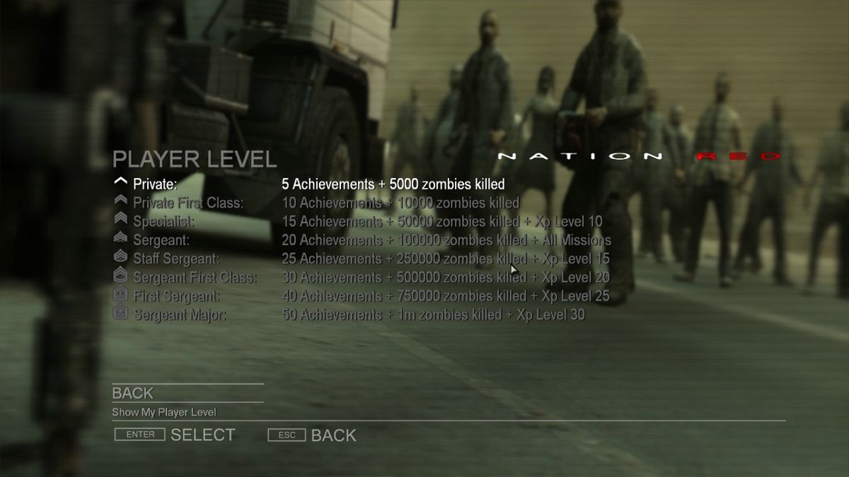 Nation Red (Windows) screenshot: Kill enough undead and unlock enough achievements and you'll rank up your profile.
