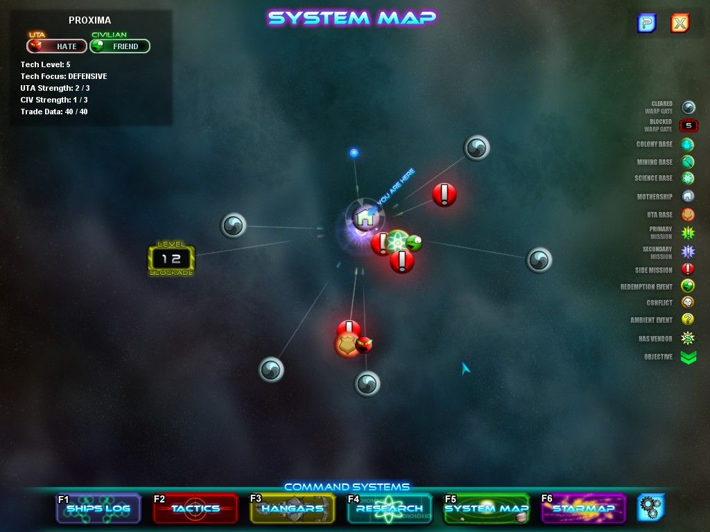 SPAZ: Space Pirates and Zombies (Windows) screenshot: Local System Map, showing the plants, stations & other locations in the local system.