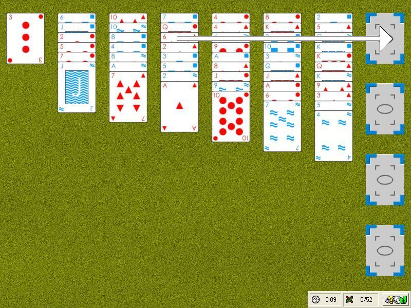 Solitaire Games (Windows) screenshot: The hint feature uses an arrow ike this to show the suggested move