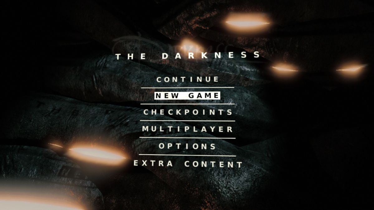 The Darkness (PlayStation 3) screenshot: The main menu, animated like in <moby game="The Chronicles of Riddick: Escape from Butcher Bay">The Chronicles of Riddick: Escape from Butcher Bay</moby>