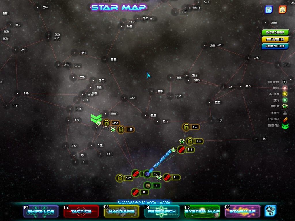 SPAZ: Space Pirates and Zombies (Windows) screenshot: Entire Star Map of the known galaxy, zoomed in to the current section I am located.