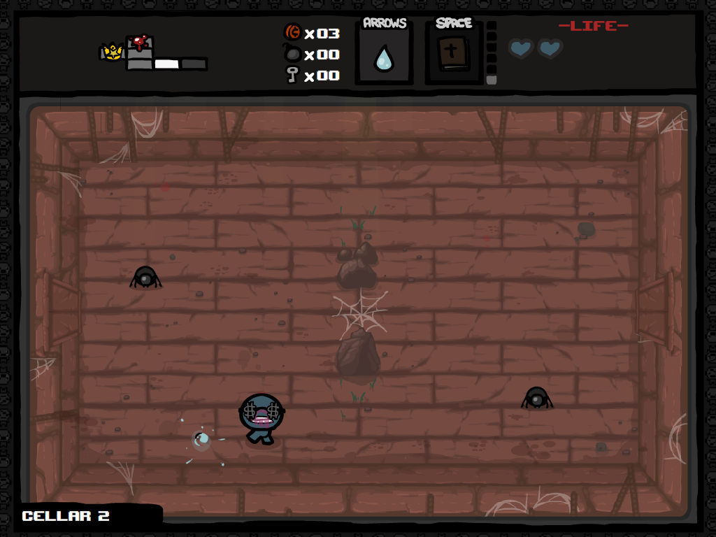 The Binding of Isaac: Wrath of the Lamb (Windows) screenshot: Fighting spiders in a new room type. The webs slow you down.