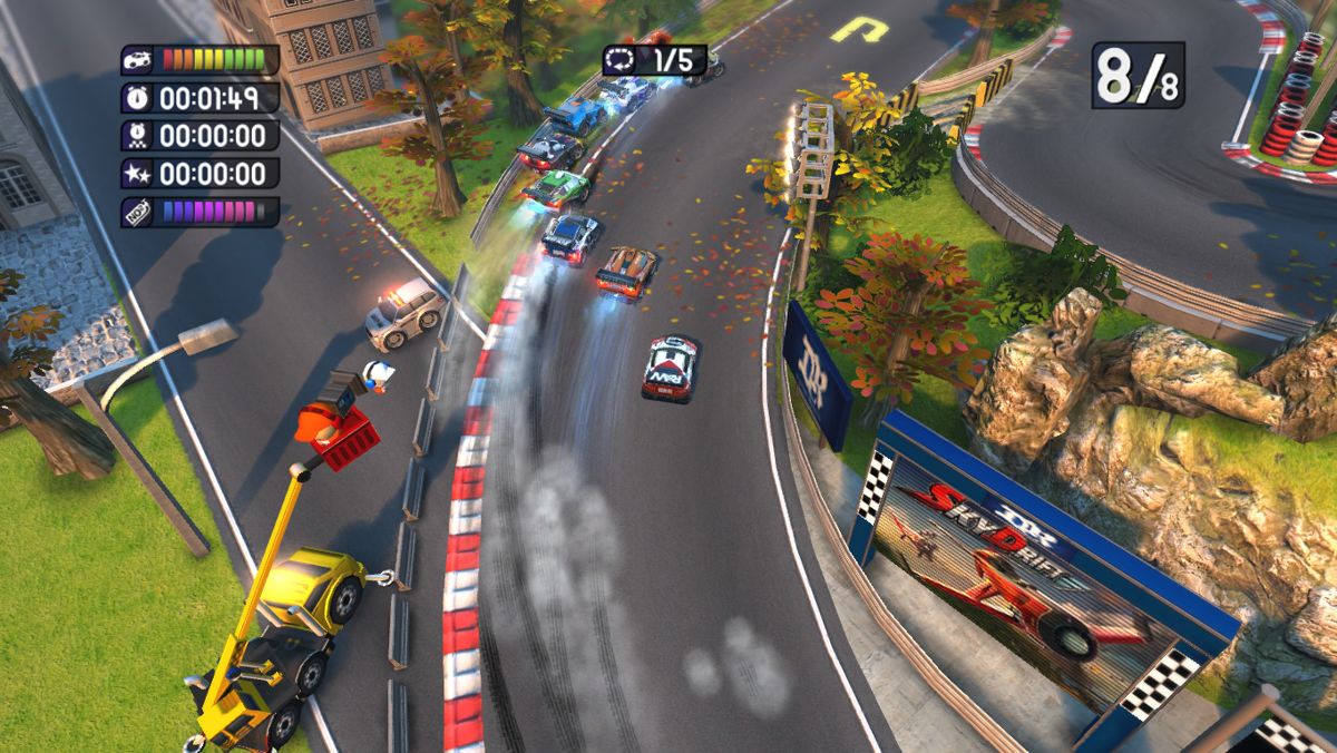 Bang Bang Racing (Windows) screenshot: Racing in autumn with leaves on the track. The billboards advertise another game by Digital Reality.