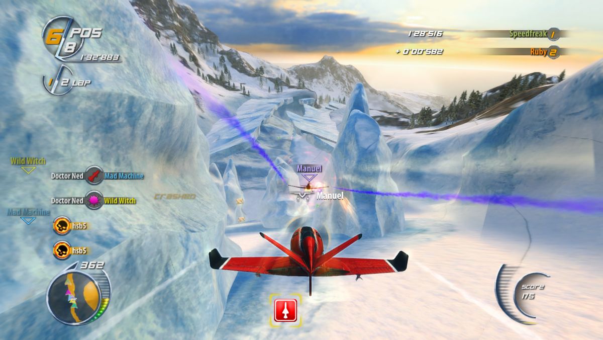SkyDrift (Windows) screenshot: Obstacles as the plane approaches an icy cave.