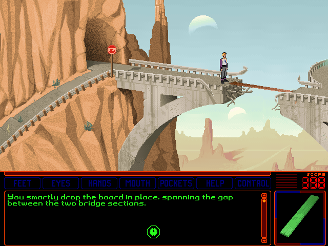Space Quest 6: Roger Wilco in the Spinal Frontier (DOS) screenshot: Now Roger can cross the bridge