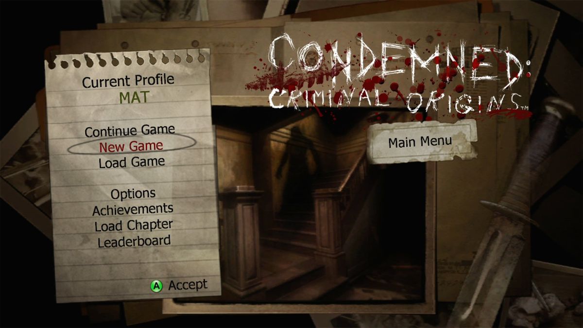 Condemned: Criminal Origins (Xbox 360) screenshot: Main menu (720p).