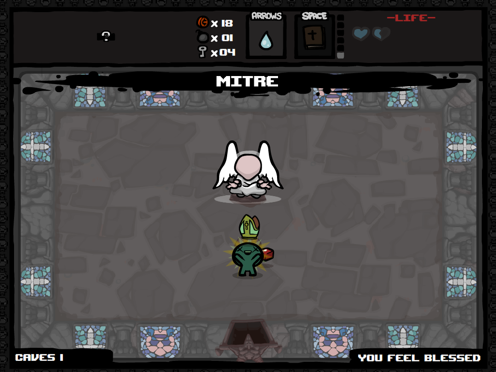 The Binding of Isaac: Wrath of the Lamb (Windows) screenshot: Some of the devil rooms now have a more 'heavenly' theme along with the available bonuses.
