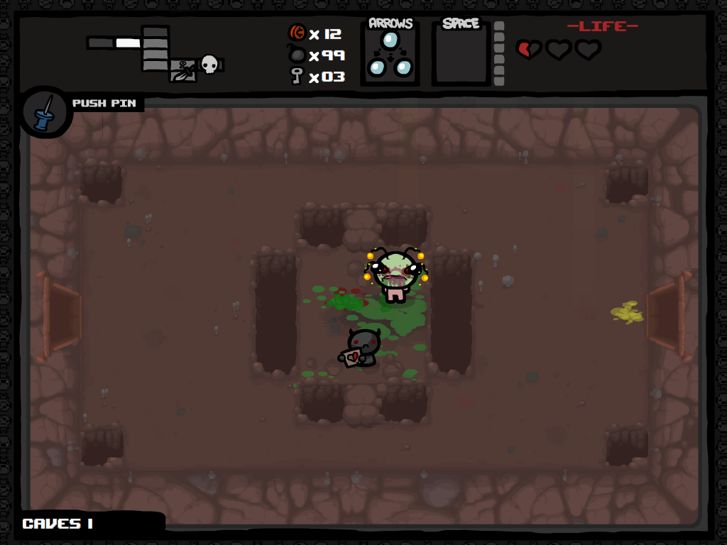 The Binding of Isaac: Wrath of the Lamb (Windows) screenshot: Judgement appears in a new form where you have to throw him hearts.