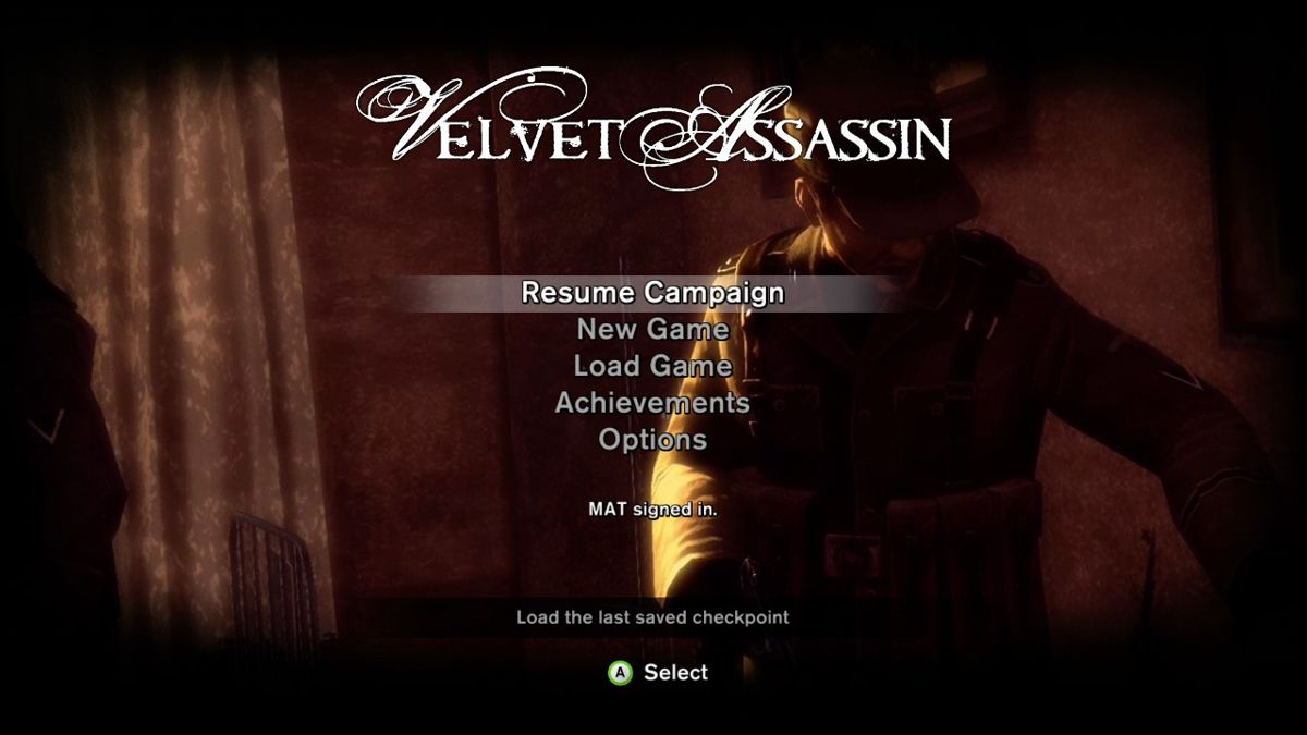 Velvet Assassin (Xbox 360) screenshot: Main menu.