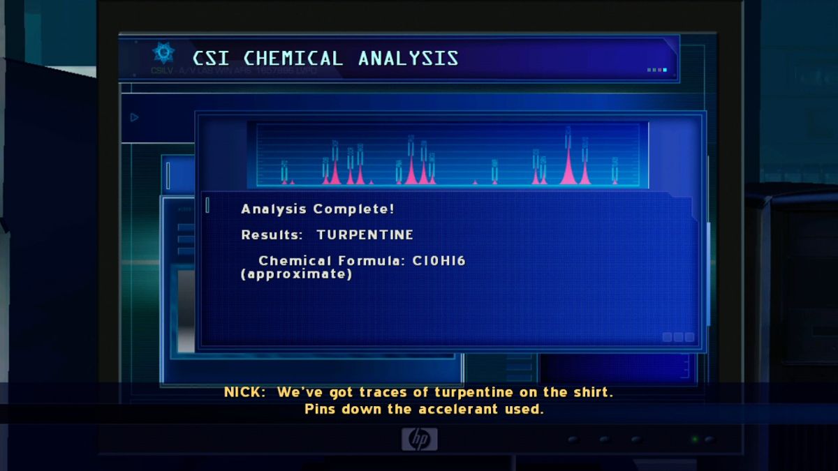 CSI: Crime Scene Investigation - Hard Evidence (Xbox 360) screenshot: Performing chemical analysis of an unknown substance found on the victim's shirt... it looks like an accelerant.