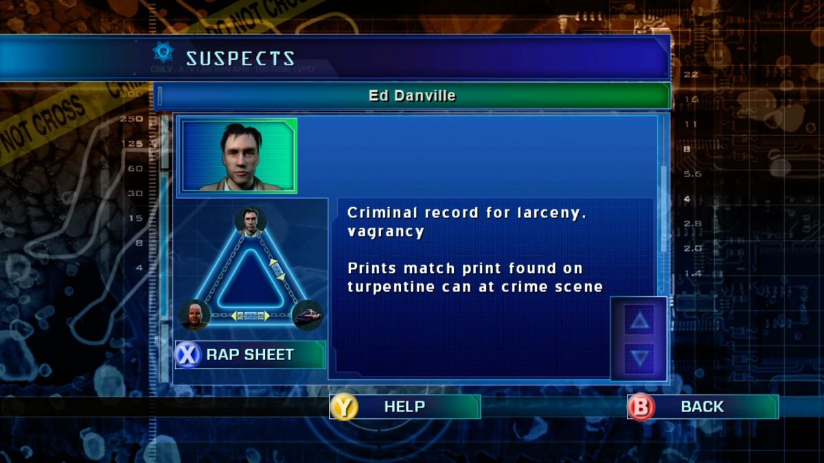 CSI: Crime Scene Investigation - Hard Evidence (Xbox 360) screenshot: Checking the case files... you need to tie suspect to the victim, suspect to the crime scene and victim to the crime scene.