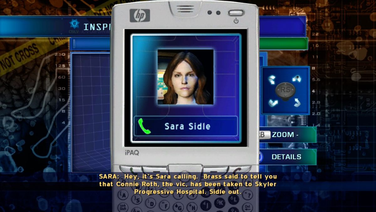 CSI: Crime Scene Investigation - Hard Evidence (Xbox 360) screenshot: Sara calling to inform you about the victim's status.