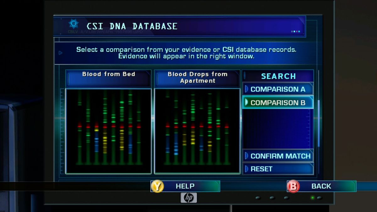 CSI: Crime Scene Investigation - Hard Evidence (Xbox 360) screenshot: Performing DNA comparison.