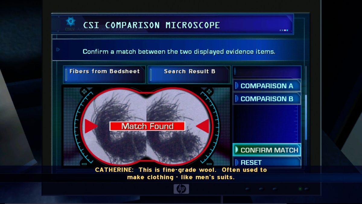 CSI: Crime Scene Investigation - Hard Evidence (Xbox 360) screenshot: Using microscope to compare fibers.