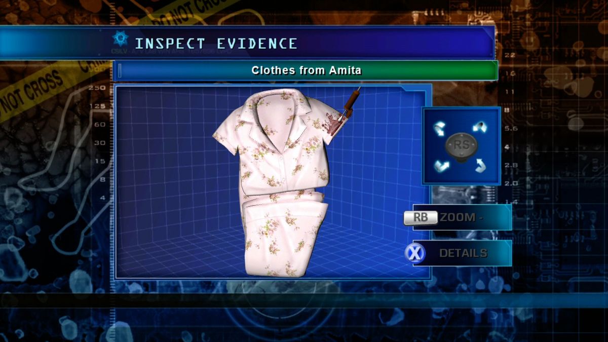 CSI: Crime Scene Investigation - Hard Evidence (Xbox 360) screenshot: Recovering the blood sample from the victim's wife's clothes.