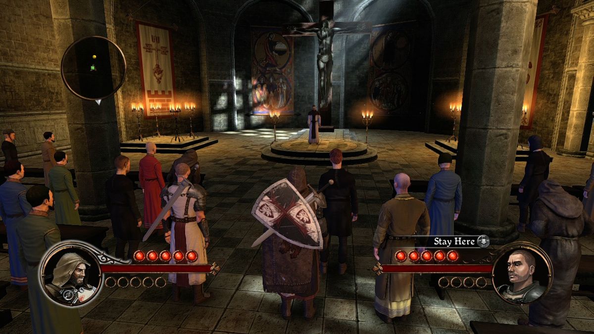 The First Templar (Xbox 360) screenshot: The sermon has begun, and the inquisition is spreading hot air at their best.