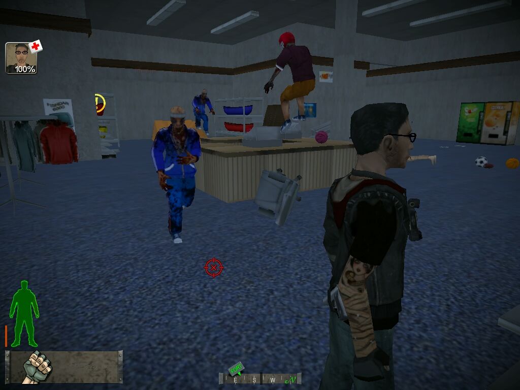 Fort Zombie (Windows) screenshot: The Haymaker Sporting Goods store is a good place to find ammo, health items and ... sport-loving zombies ?