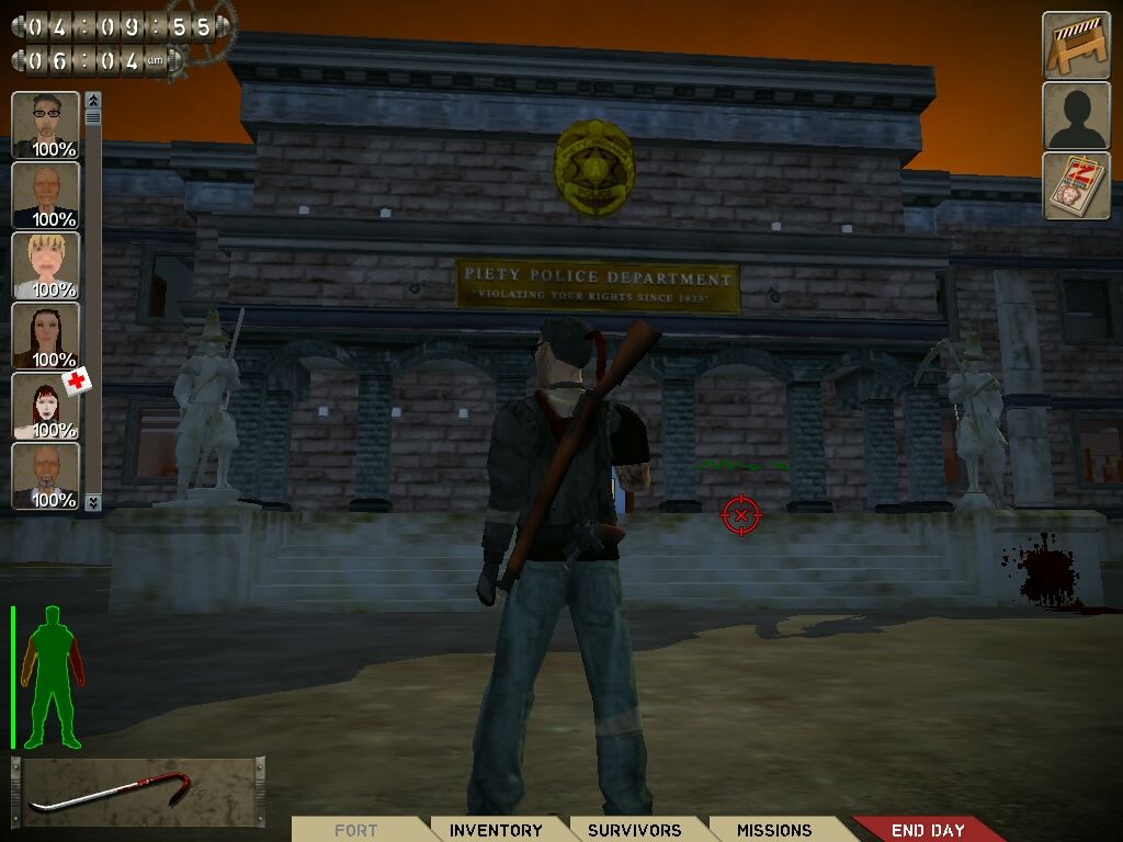 Fort Zombie (Windows) screenshot: The police station is supposed to be the "Easy" fort, as survivors receive health bonus when defending this place