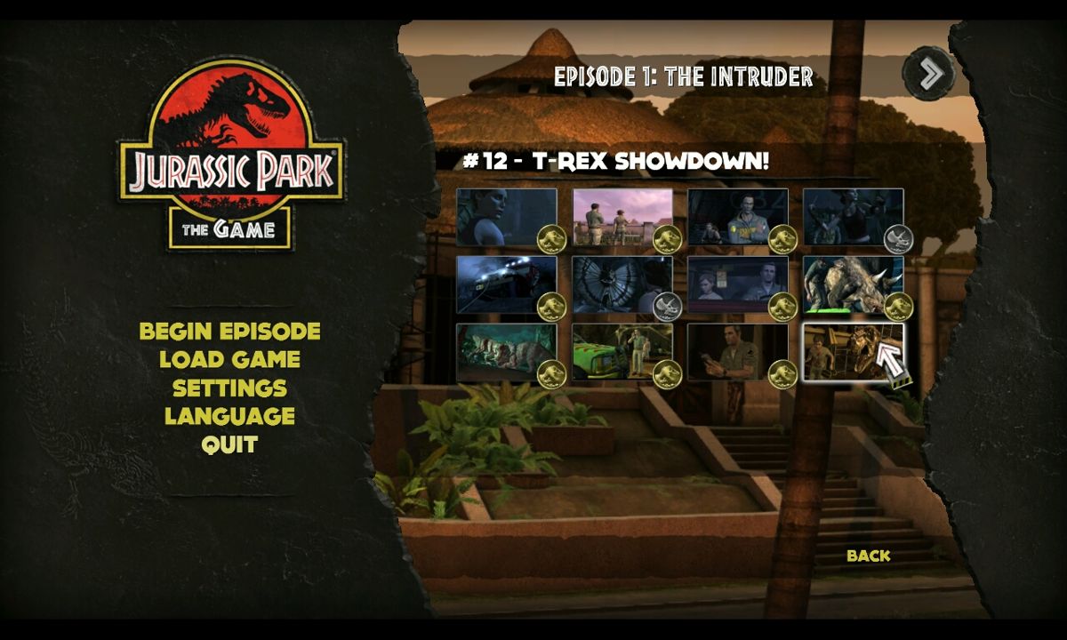 Jurassic Park: The Game (Windows) screenshot: Scenario selection. You can replay scenarios to earn a higher rank