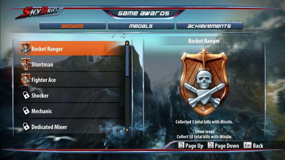 SkyDrift (Windows) screenshot: Overview of unlocked badges, medals and achievements