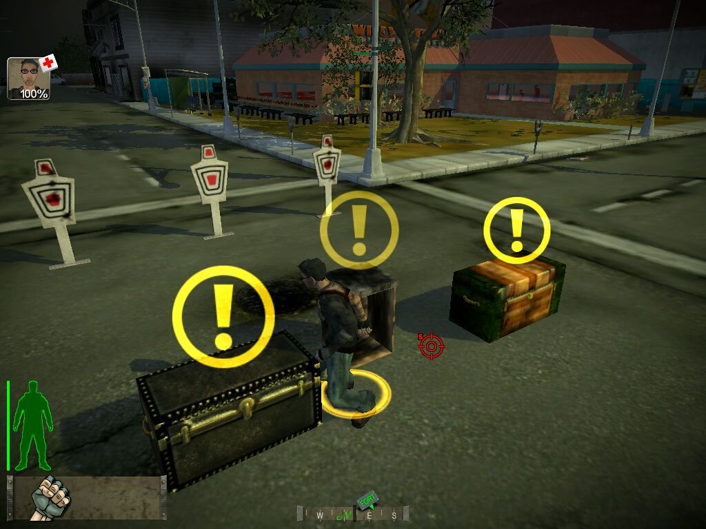 Fort Zombie (Windows) screenshot: The game begins. The Spot skill is used to search containers for items. Those marked with a (!) contain items.