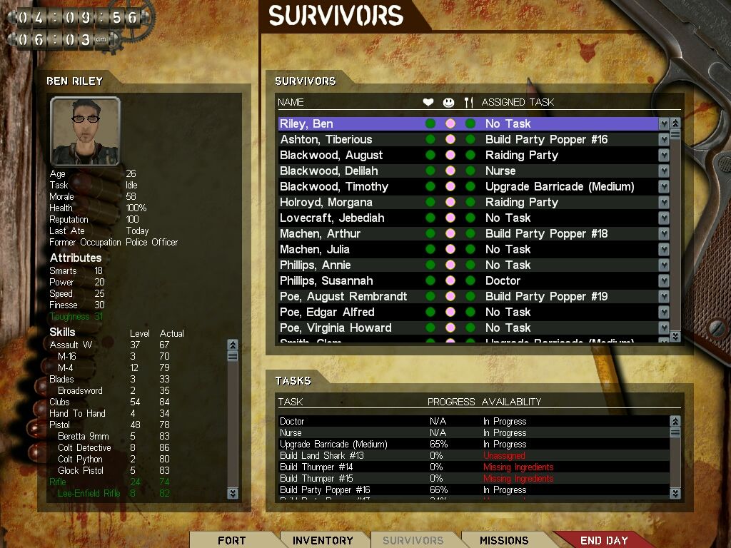 Fort Zombie (Windows) screenshot: Assigning tasks to survivors