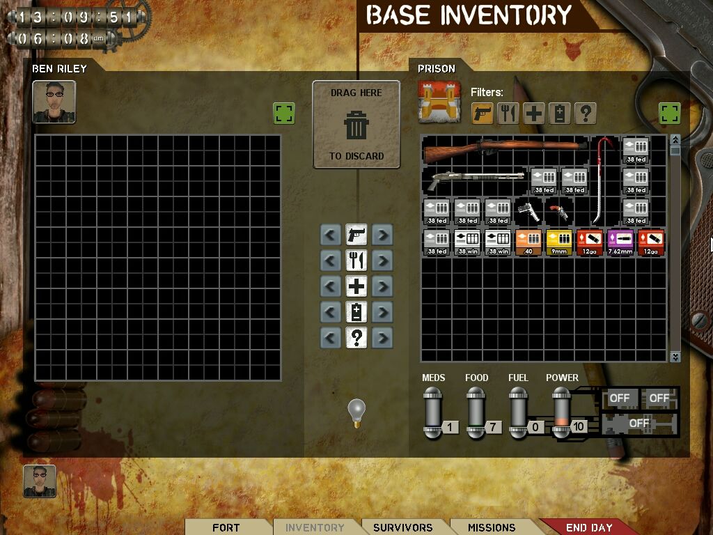 Fort Zombie (Windows) screenshot: Depositing and re-distributing items in the base inventory