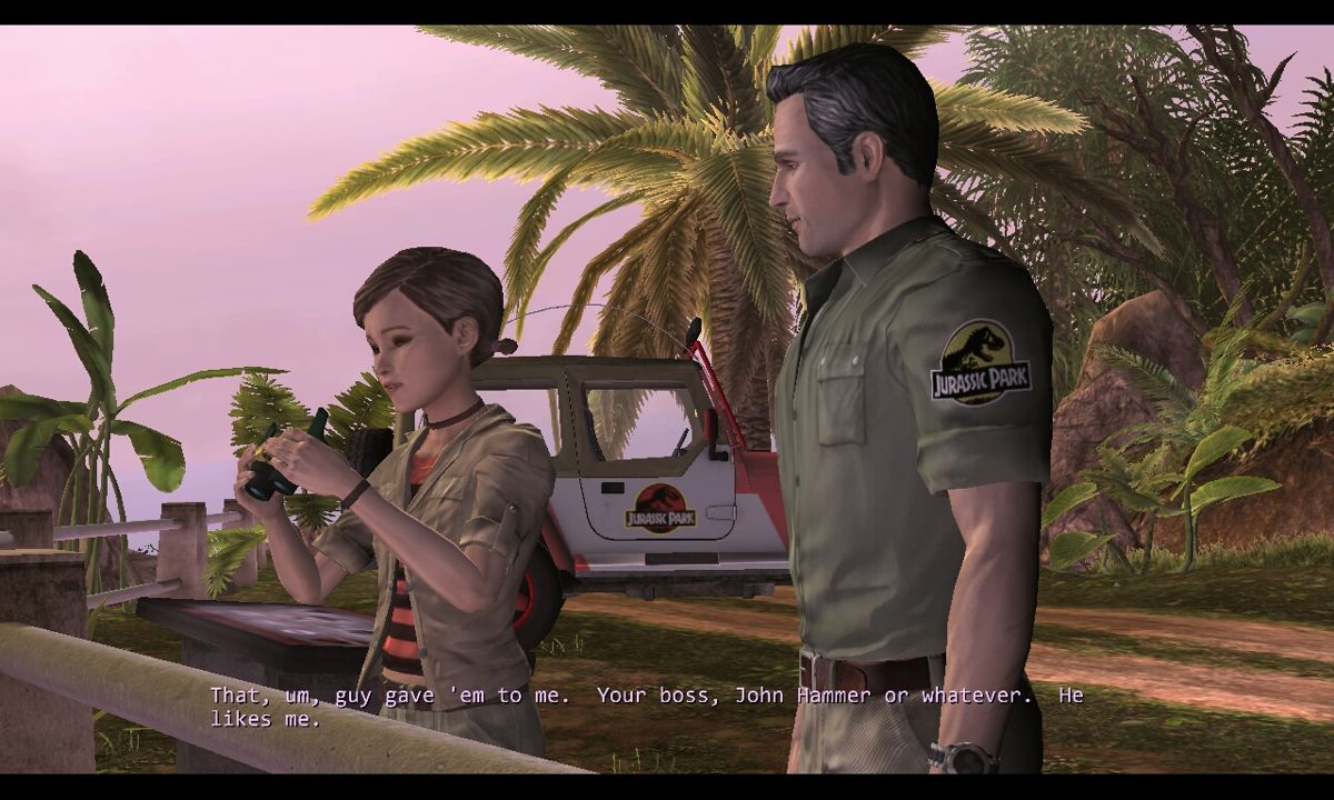 Jurassic Park: The Game (Windows) screenshot: Gerry, the park's vet, is giving his daughter Jessica a tour on the island