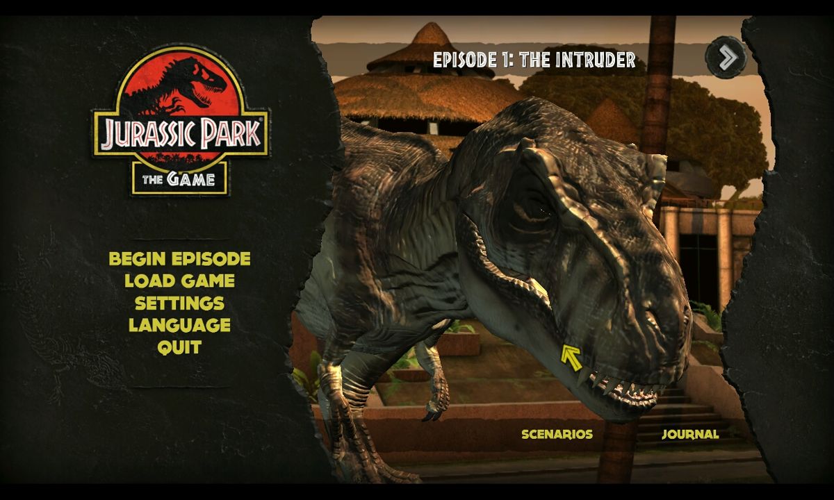 Jurassic Park: The Game (Windows) screenshot: Title screen, with an animated dinosaur for each episode.