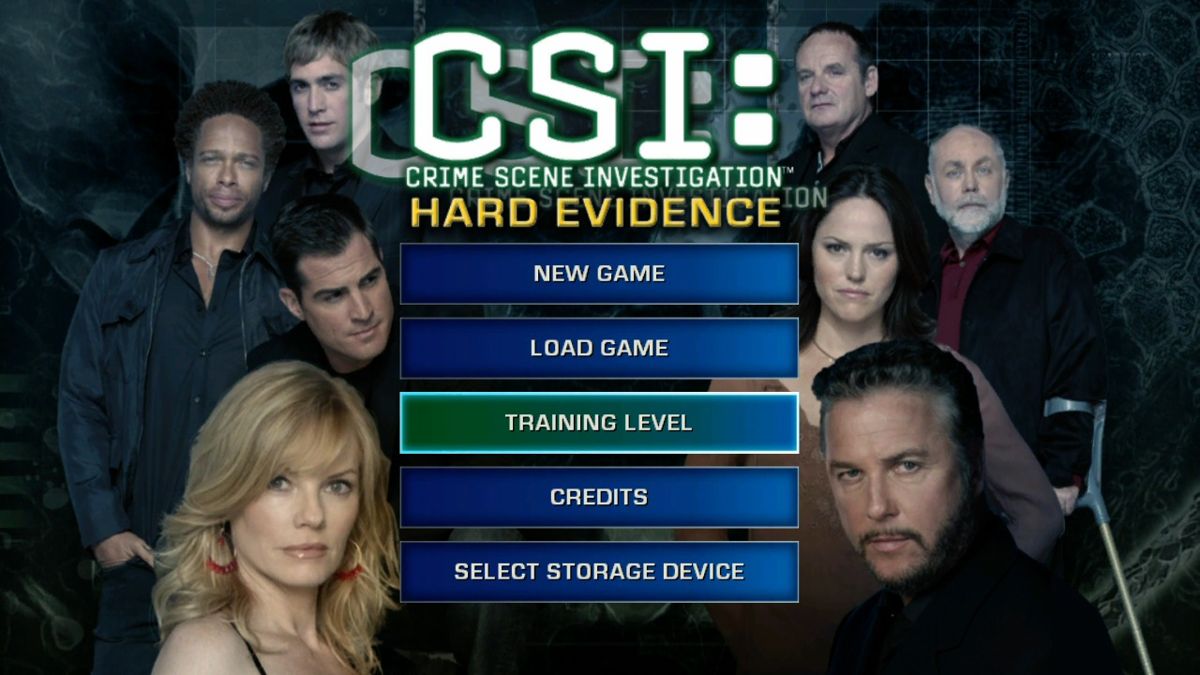 CSI: Crime Scene Investigation - Hard Evidence (Xbox 360) screenshot: Main menu.