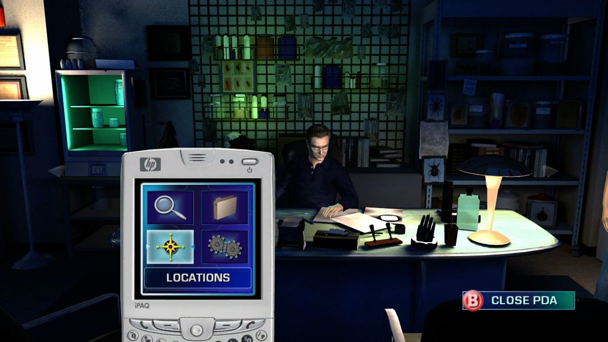 CSI: Crime Scene Investigation - Hard Evidence (Xbox 360) screenshot: Use your PDA to check collected evidence, review case files, travel to available locations or change the game options.