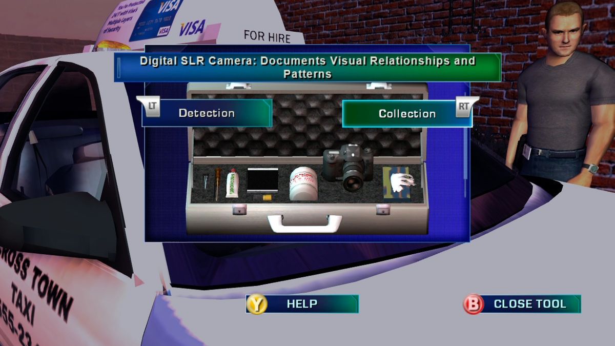 CSI: Crime Scene Investigation - Hard Evidence (Xbox 360) screenshot: To collect or inspect an evidence, you'll have to select appropriate tool for that type of evidence.