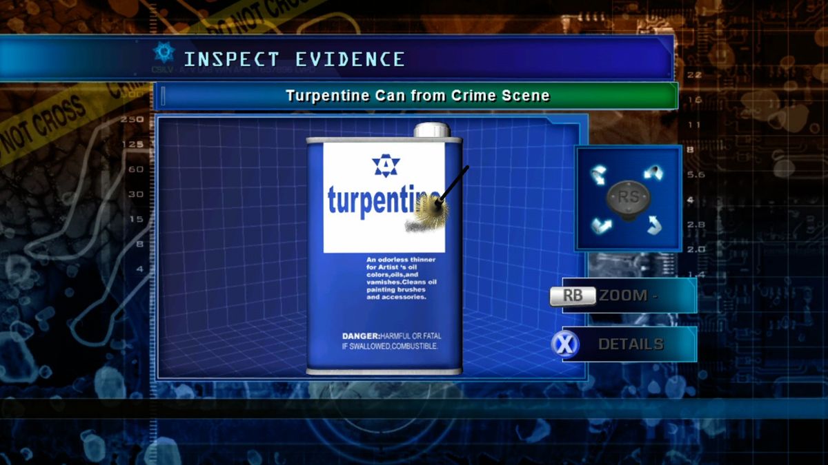 CSI: Crime Scene Investigation - Hard Evidence (Xbox 360) screenshot: Certain evidence can contain additional evidence, so be thorough in looking for fibers or fingerprints on objects you collect.