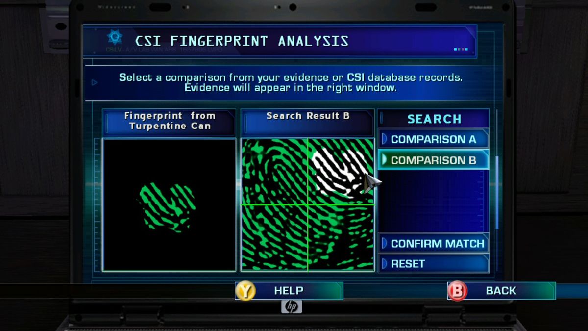 CSI: Crime Scene Investigation - Hard Evidence (Xbox 360) screenshot: Matching partial fingerprint with fingerprints from the LVPD records.