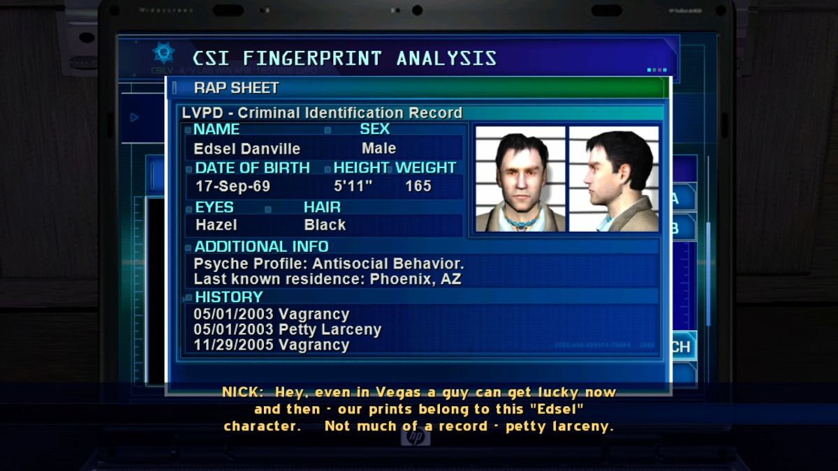 CSI: Crime Scene Investigation - Hard Evidence (Xbox 360) screenshot: Rap sheet of your first suspect in the murder investigation.