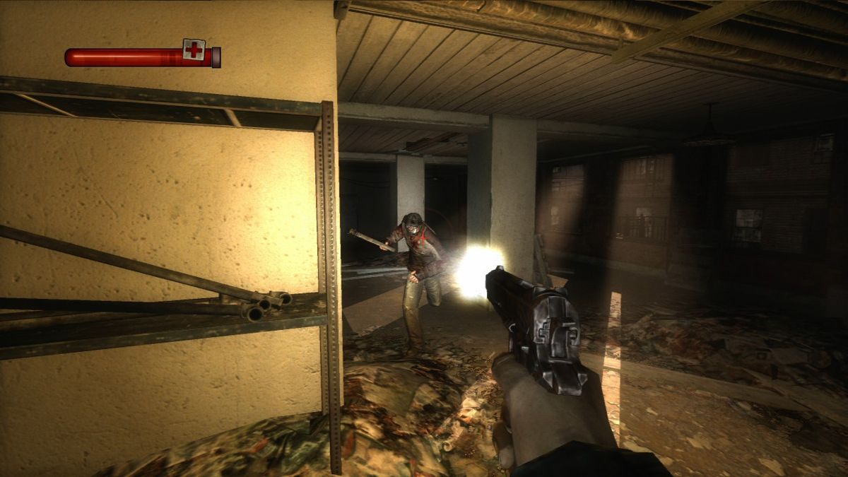 Condemned: Criminal Origins (Xbox 360) screenshot: Single bullet won't kill the addicts unless it's a head-shot (720p).