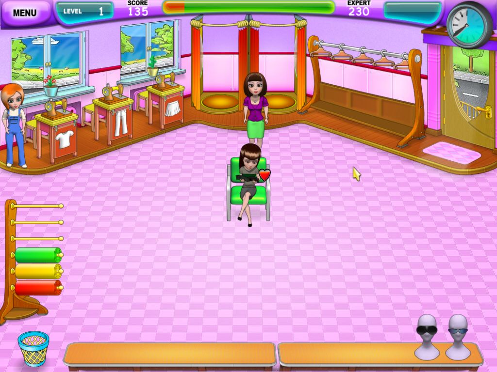 Fashion Craze (Windows) screenshot: The heart symbol next to each customer signifies happiness. When the level of red drops, it means they are getting impatient.
