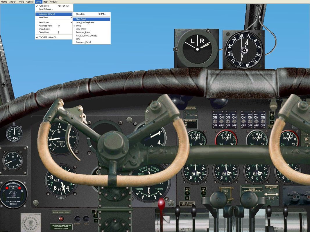 Battle of Britain: Memorial Flight (Windows) screenshot: One of the Lancaster's cockpit views, others are available via the drop down menu. Microsoft Flight Simulator 2000 was used for this screen shot