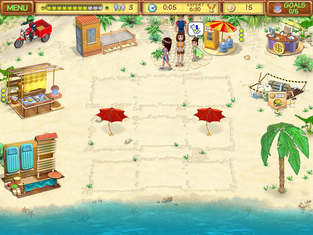Beach Party Craze (Windows) screenshot: The beach. Customers are arriving.