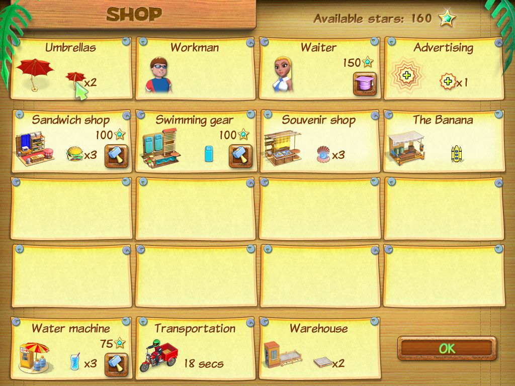 Beach Party Craze (Windows) screenshot: Choosing additions and upgrades
