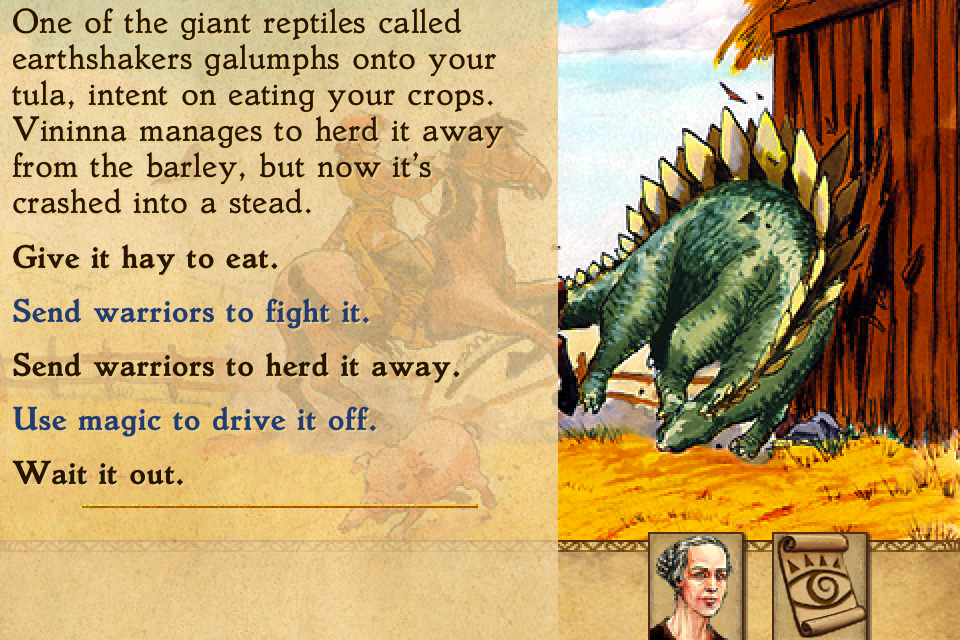 King of Dragon Pass (iPhone) screenshot: Earth-shakers are not the farmer’s friend