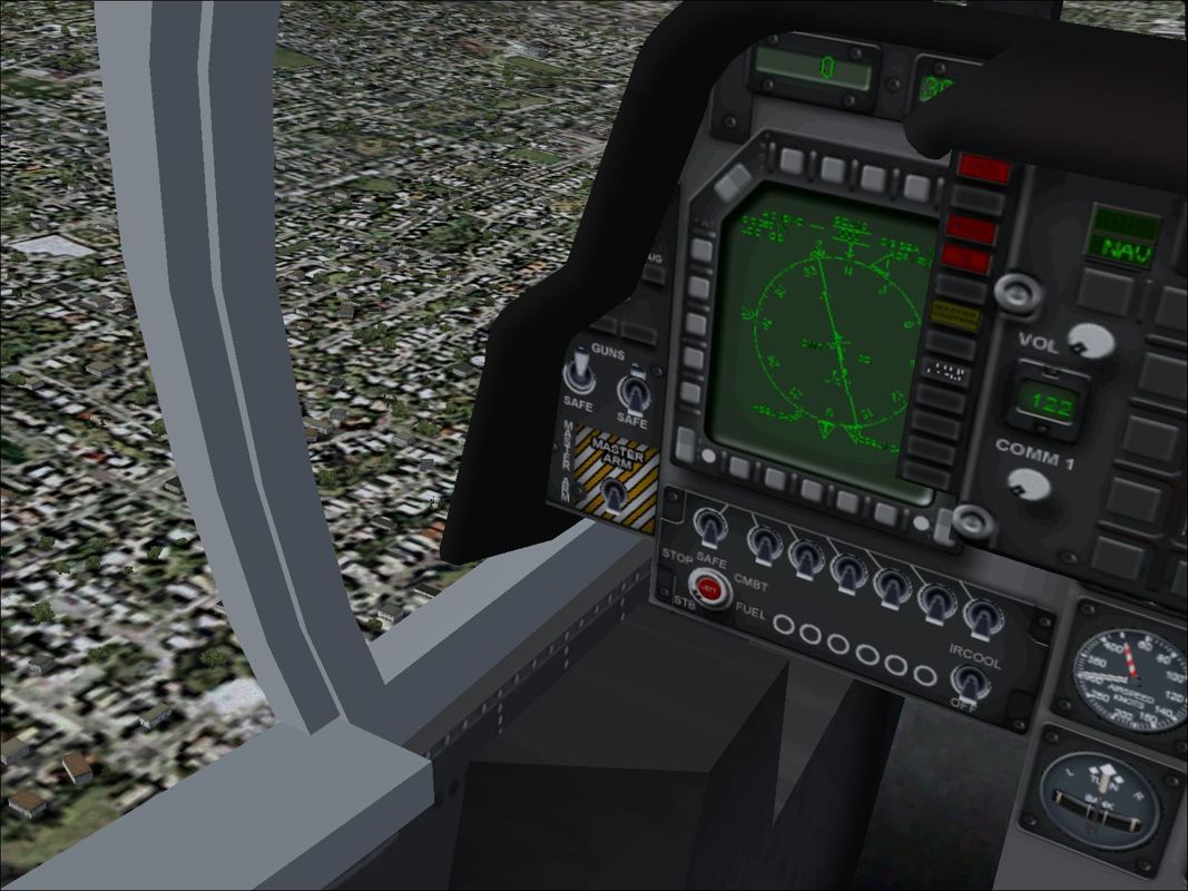 Combat Collectors: Second Edition (Windows) screenshot: The AV-8B Harrier II Plus virtual cockpit view gives a good field of vision and works well with even the default scenery.