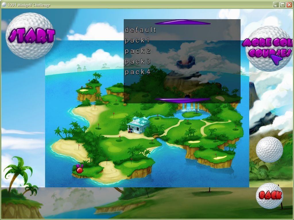 1001 Minigolf Challenge (Windows) screenshot: The island in the background shows the default courses, all of which are unplayed. The player has clicked the 'More Courses' button which brings up the course pack selection option