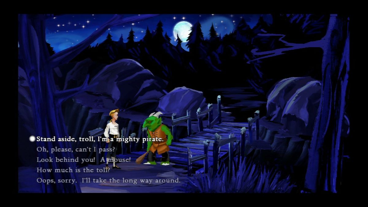 The Secret of Monkey Island: Special Edition (PlayStation 3) screenshot: Gotta pay the toll to the troll if you want to cross the bridge.