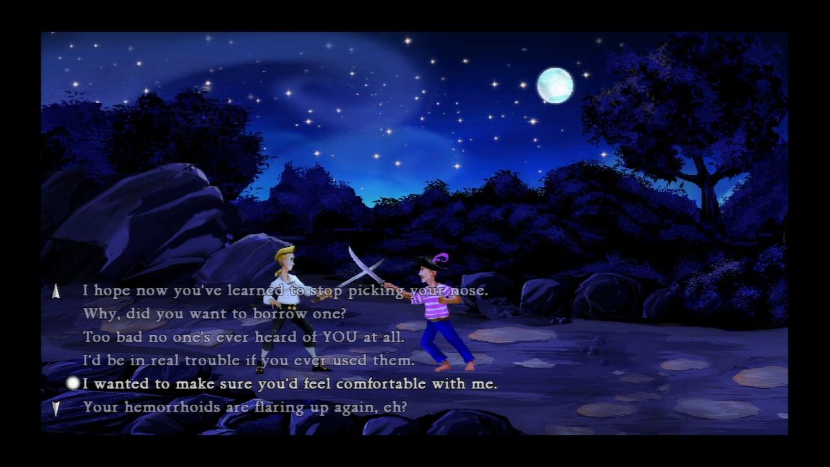 The Secret of Monkey Island: Special Edition (PlayStation 3) screenshot: A sword-fight is not won by the sword, but by good insults and comebacks.