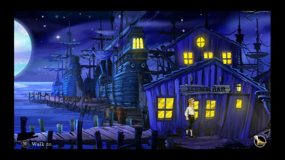 The Secret of Monkey Island: Special Edition (PlayStation 3) screenshot: Arriving at the legendary SCUMM bar.