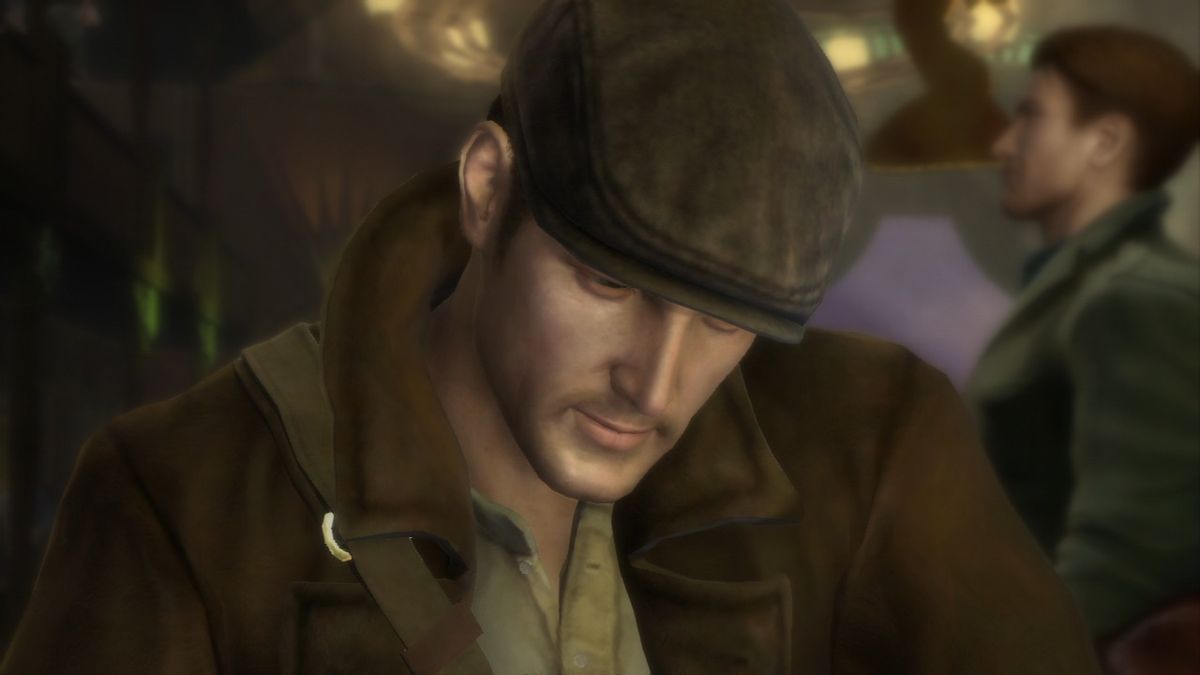 The Saboteur (PlayStation 3) screenshot: Our hero, drowning his sorrows in a bottle of scotch.