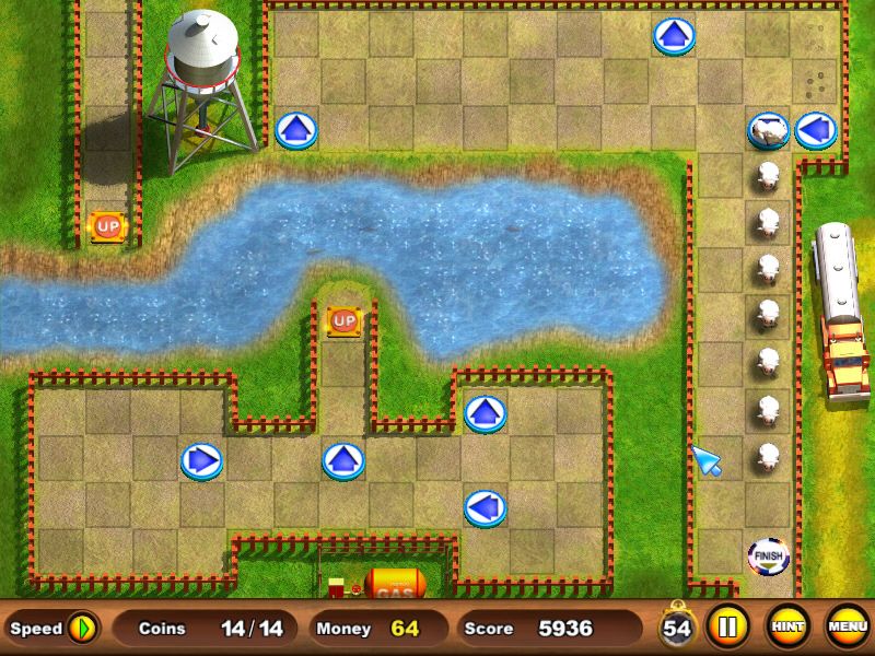 Sheep's Quest (Windows) screenshot: This shows all of the arrows I used to get them to the exit. Rotating the arrows several times during play is sometimes necessary. The "Up" blocks bounced them across the lake.