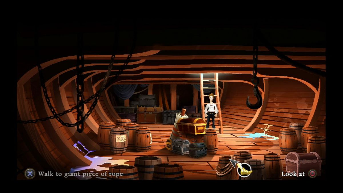 The Secret of Monkey Island: Special Edition (PlayStation 3) screenshot: There's a lot of useful stuff to be found on this ship.